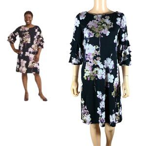 Gabby Skye Black Floral 3/4 Ruffle sleeve knee-length A-line dress 4